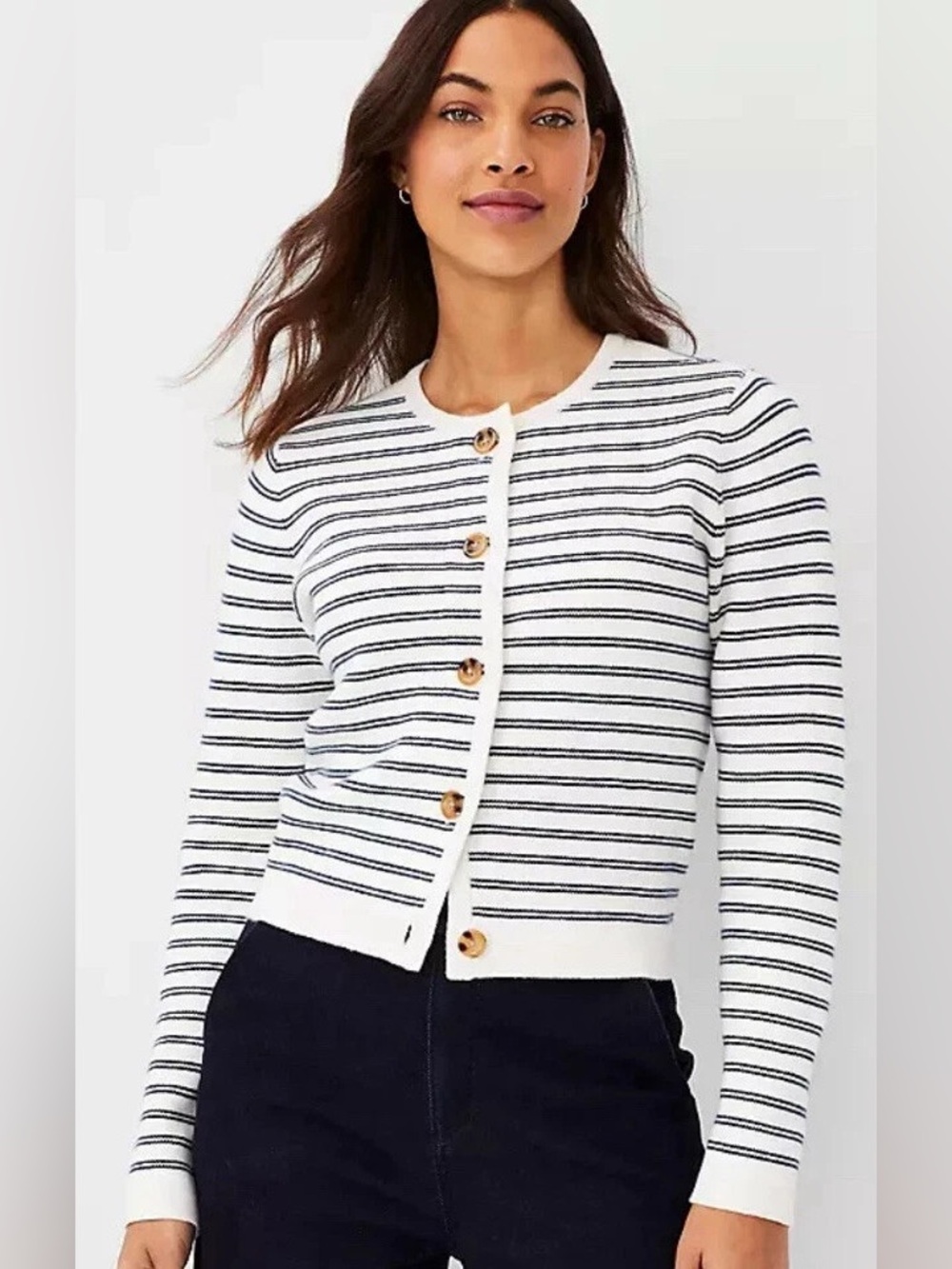 Ann Taylor White and Navy Striped Crewneck Sweater